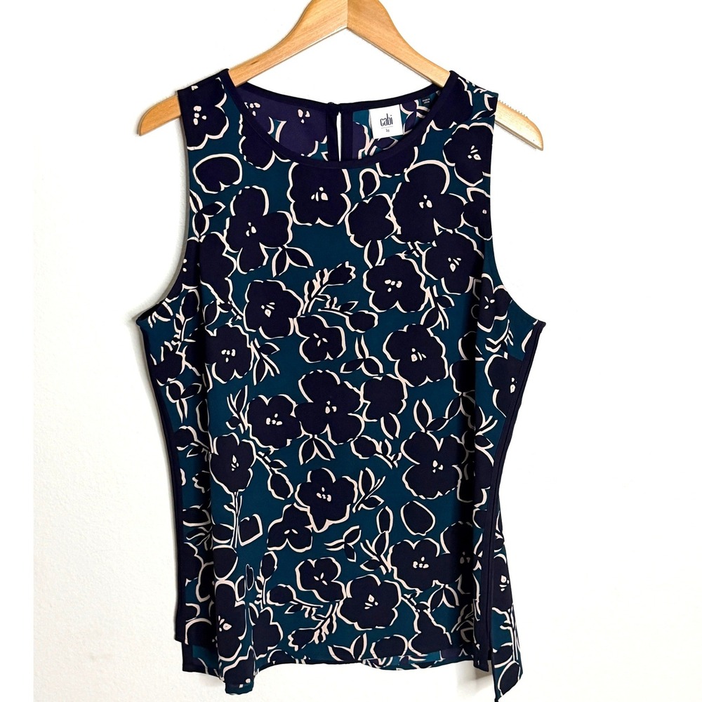 Cabi Floral Top Sz L Warhol Black Sleeveless Keyhole Back Blouse Office Siren